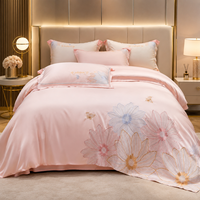 Ensemble de housse de couette brodée de fleurs roses de luxe, literie douce effet satin avec taies d'oreiller