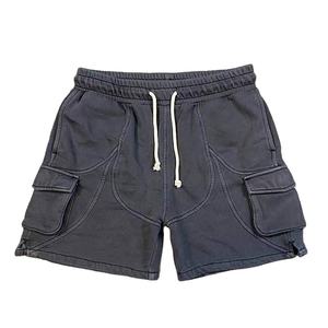 Custom Embroidered Logo Sweat <b>Shorts</b> Drawstring Multi Pocket Drawstring <b>Black</b> Cotton Acid Washed Cargo <b>Shorts</b> For <b>Men</b> - Product Image 1