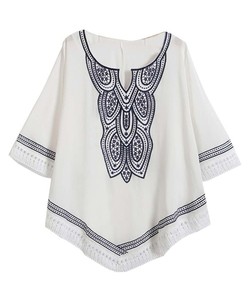 100% algodón cuello en V Casual túnica Tops blanco sólido media manga ropa de playa encaje bordado estilo dulce tejido Natural lavable - Product Image 1