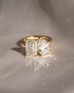 10x7mm Emerald Cut + 10x7mm Pear Cut Moissanite Diamond Toi Et Moi <b>Ring</b> | Engagement Wedding Bridal | 925 Silver 18K Gold Plated - Product Image 1