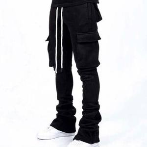 Wholesale Stacked <b>Trousers</b> Custom Cotton <b>Black</b> Cargo Track Multi <b>Pocket</b> Men's Stacked men's pants, straight, curved striped - Product Image 1