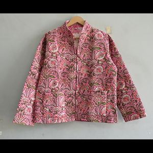 Indian Cotton <b>Jacket</b>, Quilted Cotton <b>Pink</b> <b>Jacket</b>, Handmade <b>Jacket</b>, <b>Jacket</b> <b>For</b> <b>Women</b>, Boho Coat, Floral <b>Jacket</b>, Block Print Coat - Product Image 2