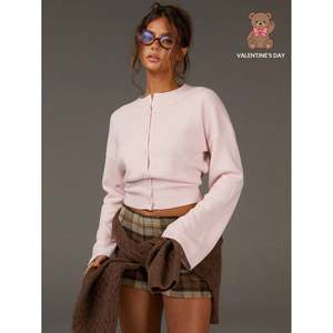 <b>Cropped</b> Bell Sleeve <b>Cardigan</b> Pink <b>Women's</b> Valentine' Day Style - Product Image 2