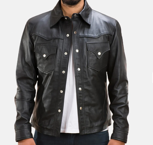 Veste en cuir véritable pour homme, col rabattu, coupe classique, couleur unie, fermeture à boutons, style décontracté, automne-hiver - Product Image 1