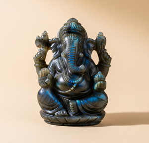 Estatua de Ganesha tallada a mano, estatuilla, artesanía india, regalo de negocios grabado con labradorita, piedras preciosas semipreciosas, estilo budista - Product Image 3