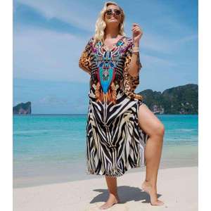 <b>Womens</b> Solid Plaid <b>Kaftan</b> Floor-Length Maxi Dress with Embellished Neck Eco-Friendly 100% Cotton Beach Resort Wear - Product Image 1