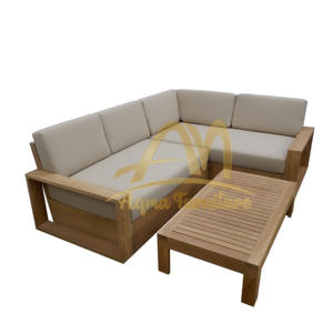 Canapé en forme de L en teck avec coussin crème pour extérieur, fabriqué en Indonésie - Product Image 5