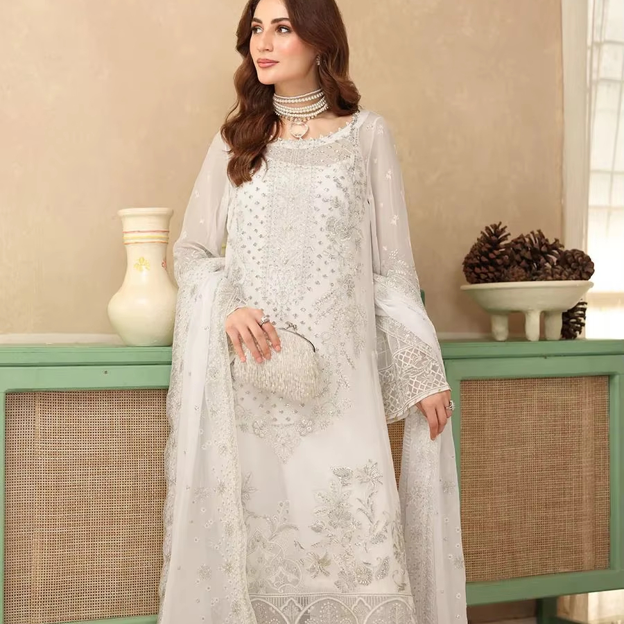 green emerald velvet dress Shama- Pakistani White Long Pishwas & Lehenga Ensemble for Parties   Pakistani Moda