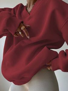 Rouge surdimensionné femmes col en V sweat lourd coton polaire pull respirant goutte épaule coupe ample hiver Streetwear - Product Image 5