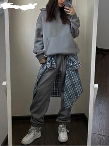 Conjunto de chándal de invierno de lana transpirable de 2 piezas de peso pesado de algodón 100% para mujer con patrón sólido al por mayor - Product Image 3