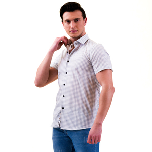 เสื้อเชิ้ตผู้ชายแขนสั้นลายตารางหมากรุกสีฟ้าและสีขาวน้ำแข็งในวันหยุดฤดูร้อน - Product Image 3