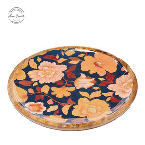 Grand plateau rond en bois de manguier fait à la main imprimé floral pour la décoration de table et le service de plats - Product Image 1