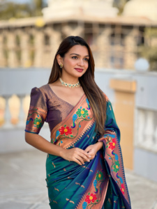 Diseñador Paithani Seda Saree Con Zari Tejido Meenakari Motivos Diseño - Product Image 6