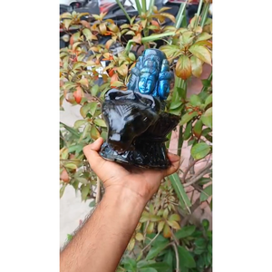 Magnificent Flashy Labradorite Five-Faced Panchamukhi <b>Shivling</b> with Nandi Cow - Product Image 5