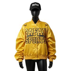 Chaqueta de Satén Premium para Mujer, Chaqueta Bomber de Tela Amarilla Brillante con Paneles Acanalados y Logotipo Bordado Personalizado, Chaquetas de Satén para Mujer - Product Image 1