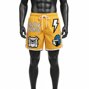 Shorts de Baño para Hombre de Microfibra de Poliéster de Alta Calidad, Color Amarillo Mostaza, con Paneles Laterales con Ribete, Logotipo Personalizado - Product Image 1