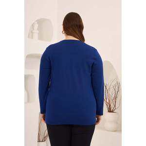 Pull en tricot basique pour femmes grandes tailles RMG, pull col rond bleu royal avec détail fendu, mélange de viscose pour l'automne et l'hiver - Product Image 6