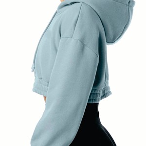 Sudadera con capucha corta con cremallera completa clásica para mujer con logotipo personalizado 55% algodón 45% Spandex estilo hombro caído - Product Image 5