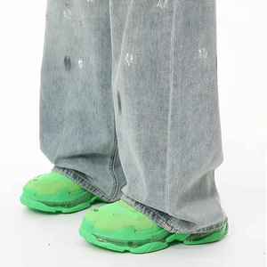 กางเกงผ้าเดนิมสไตล์สตรีทของผู้ชายกางเกงขากว้างทรงหลวมสไตล์วินเทจผ้าซีดซีดจางกางเกงยีนส์แฟนผู้ชายปักลายกอธ - Product Image 3