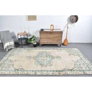 พรมขนสัตว์สีเบจสีเขียวแนววินเทจขนาด5.3X9.5ฟุตแบบตุรกีถักทอแบบเย็บปะติดปะต่อกันพรมสำหรับห้องนั่งเล่นพรมรองทำจากยางสำหรับตกแต่ง - Product Image 1