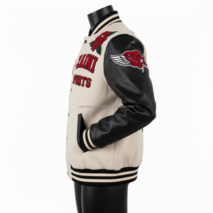 Veste universitaire en laine GSM de haute qualité pour femmes Manches noires Crème Corps Broderie Chenille Patch Logo personnalisé Veste universitaire pour femmes - Product Image 3