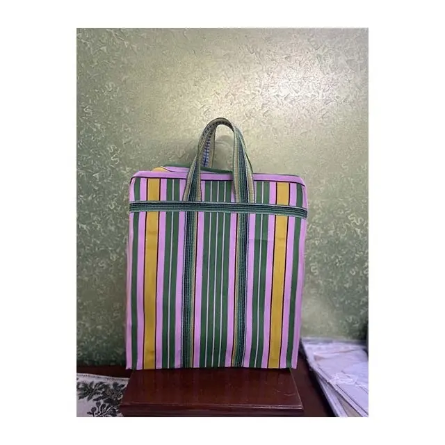 Multicolour eco friendly nylon stripe market tote bag custom logo colour size recycled plastic striped nylon shopping tote bags