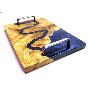 Plateau de service rectangulaire en résine époxy noire et bois avec poignée en métal, produit fait à la main, plateau à Dessert décoratif pour fruits - Product Image 5