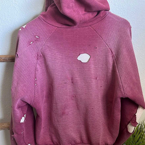 Coton antique blanc le sweat à capuche effet trou lourd fermeture éclair en détresse pantalons de survêtement et ensemble de sweat à capuche anti-rétrécissement lavé hommes - Product Image 2