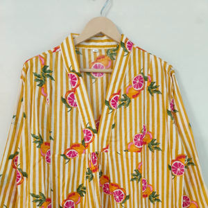 Robe longue décontractée en coton à manches longues et col en V, imprimé fruits à rayures jaunes, légère, respirante, élégante pour l'été - Product Image 1