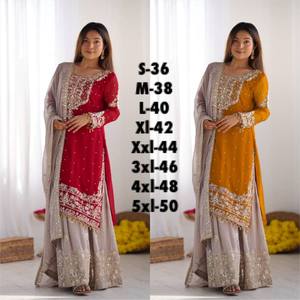 Présentation de la nouvelle collection de créateurs en fausse georgette pure et lourde avec codage de broderie lourde Dori-Sequence Work Top-Bottom - Product Image 6