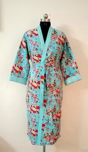 Handmade Kantha Quilted Varsity <b>Jacket</b> Floral Printed Women's Wear <b>Kimono</b> Hooded Robe with Puffer Effect Floral Shower Design - Product Image 5