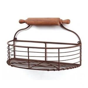 Wall Mounting Steel <b>Basket</b> with <b>Wooden</b> Handle Antique Finishing <b>Basket</b> for Grocery Storage Household Use Factory Price - Product Image 1