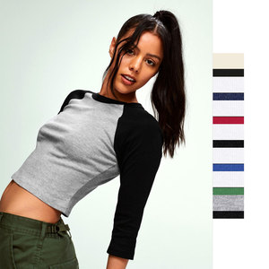 BELLA + CANVAS Ladies' Micro Ribbed 3/4 Raglan <b>Baby</b> Tee 52% Airlume Combed and Ringspun Cotton, 48% Polyester Fitted Crop Top - Product Image 5