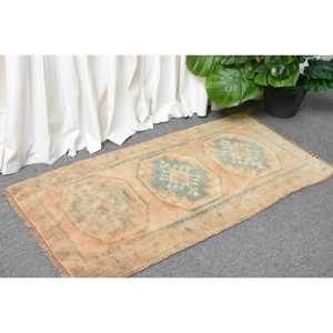 Turkish Vintage Rug, 1.7x3.1 ft Small Rug, <b>Brown</b> Green Striped <b>Wool</b> Rug - Product Image 3