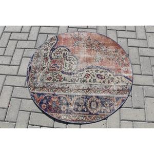 3.1x3 ft Turkish Rug, Vintage Round Rug, <b>Red</b> Blue Solid <b>Wool</b> Rug - Product Image 1