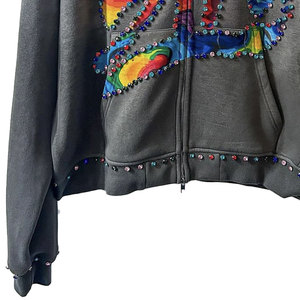 Sweat à capuche zippé 100% coton gris personnalisé Sweat à capuche zippé couleur strass Dtg Imprimer Oversize Boxy Acid Washed Hoodie With Rhinestone - Product Image 5