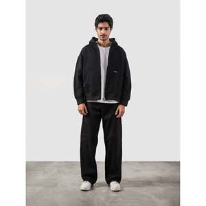 Solid Black French Terry Zipper Essential <b>Jacket</b> XXS to 6XL Acid Wash & Embroidered Patchwork <b>Lined</b> - Product Image 2