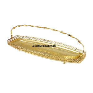 Metal de color dorado de alta exigencia con patas decorativas y asas laterales Bandeja de servicio de forma redonda Venta directa de fábrica - Product Image 5