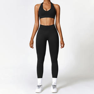 Ensembles d'entraînement côtelés à col en O pour femmes, vêtements d'entraînement de gymnastique sans couture, ensemble de yoga et soutien-gorge de sport, leggings et pantalons de yoga, ensemble de 2 pièces - Product Image 4