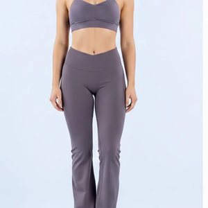 High Waisted <b>Flared</b> <b>Leggings</b> Women Plus Size Solid Color Full Length Seamless Spandex/Nylon Yoga Pants Four-Way Stretch Front - Product Image 2