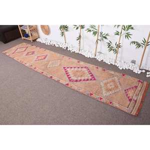 พรมขนสัตว์สีชมพูวินเทจลายเรขาคณิต2.5x11.1ฟุตลายแอบสแตรกต์แบบปะต่อสำหรับวัยรุ่นบ้านห้องนั่งเล่น - Product Image 1