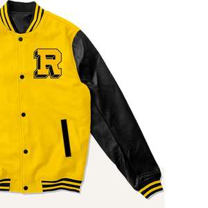 Chaqueta Universitaria Deportiva Amarilla y Negra, Colores y Logotipos Personalizados, Chaqueta Universitaria de Invierno con Mangas de Cuero, Personalizada OEM - Product Image 3