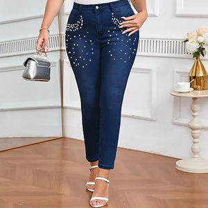 Nouveauté Pantalon en jean à jambes larges à taille haute orné de cristaux pour femmes pour les fêtes Jeans en strass pour femmes - Product Image 4
