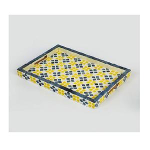 Handcrafted Modern Design Yellow Blue Bone Inlay Serving Tray Durable MDF Base <b>Decorative</b> Platter <b>for</b> Home <b>Kitchen</b> Gifting <b>Items</b> - Product Image 1