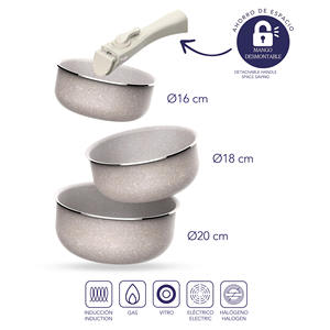 ชุด 8 ชิ้น: กระทะ 5 ใบ ขนาด 18+20+2x24+28 ซม. และหม้อ 3 ใบ ขนาด 16+18+20 ซม. ทำจากอะลูมิเนียมอัดขึ้นรูปเคลือบ ILAG พร้อม 3 ชิ้น - Product Image 5