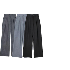 Traje de Esmoquin Holgado de Cintura Alta para Hombre, Ropa Formal de Oficina, Rayas Grises y Negras, Casual, Pierna Ancha, Doble Botonadura, Cierre de Cremallera, Lana, 2026 - Product Image 1