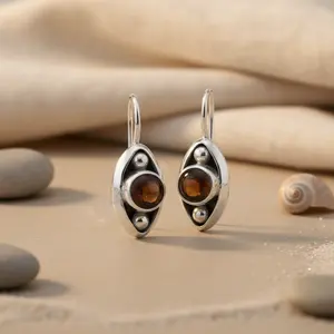 Pendientes de Plata 925 con Gema Marrón, Baño de Oro Rosa, Diseño Geométrico para Bodas y Fiestas, Piedra Platino-Perla-Diamante - Product Image 2