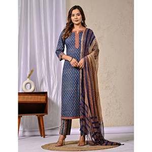 ชุดคุรตะผ้าฝ้ายพิมพ์ลายบลูบล็อค แขนสามส่วน สำหรับใส่ในชีวิตประจำวัน - Product Image 5