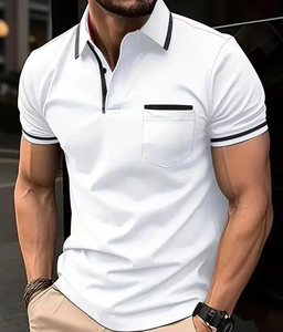 Chemise pour homme en coton uni de qualité supérieure, décontractée, respirante, brodée, tricotée sur mesure, manches courtes, col en V, boutonnée - Product Image 1