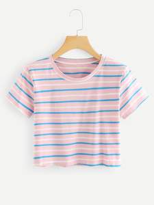 Camiseta corta de manga corta transpirable a rayas de algodón 100% MOQ bajo para mujer - Product Image 2